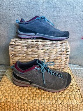 La Sportiva Women's Gray Suede Trail Shoes with Teal Laces and Maroon Trim
